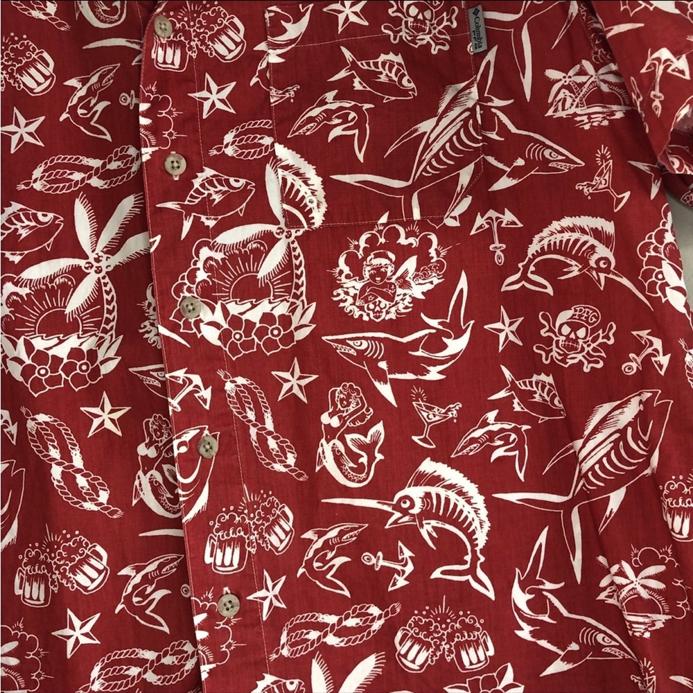 Columbia PFG Trollers Best Islander Nautical Hawaiian Print Red Mens Large